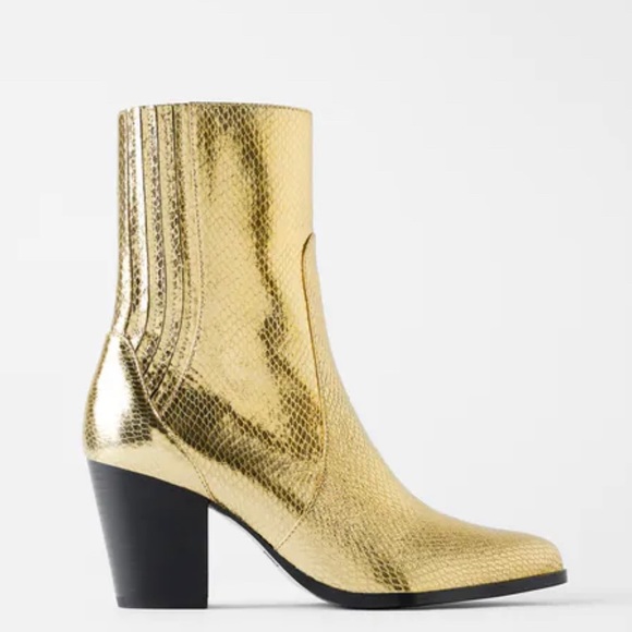 NWT Zara Gold Animal Print Metallic Heeled Boot - Picture 1 of 4
